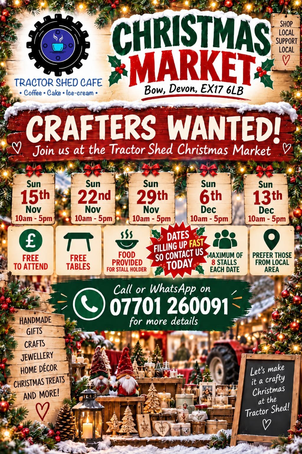 Tractor Shed Cafe Christmas Market poster: crafters wanted for five Sundays from 15 November, 10am to 5pm