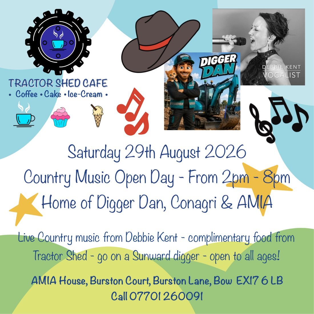 Country Music Open Day poster, Saturday 29th August 2026, 2pm to 8pm at AMIA House