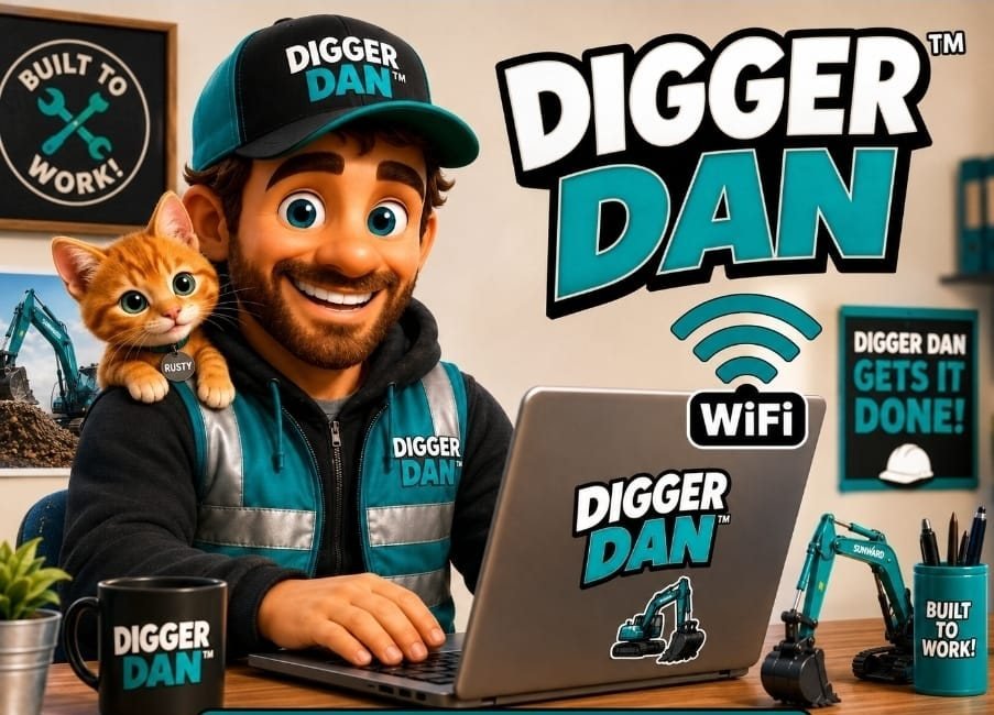 Digger Dan online with his cat Rusty, using the free Wi-Fi